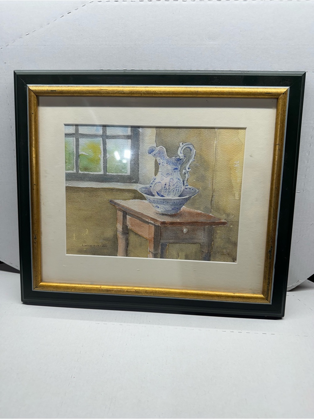 Framed Home Art Painting with Blue and Cream Pitcher